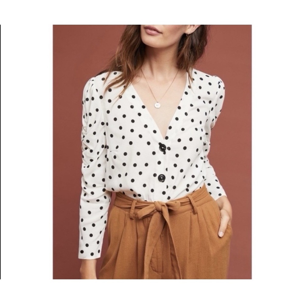 Anthropologie Maeve Jourdain‎ Blouse Polka Dot Ruched Sleeves X Large Semi Sheer